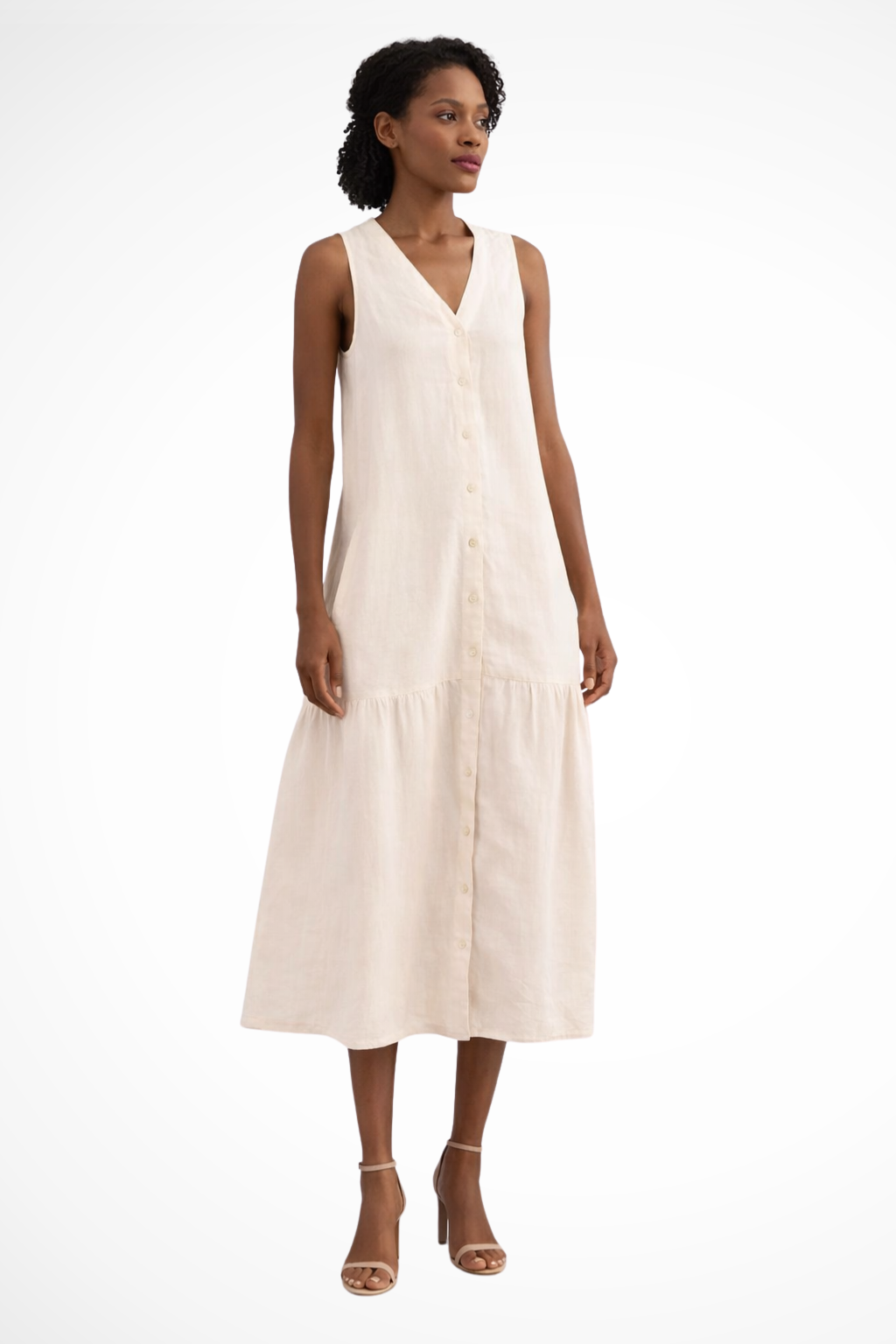 Women's Linen Maxi Dress | Elegant Sleeveless White Summer Dress with Button Front Design