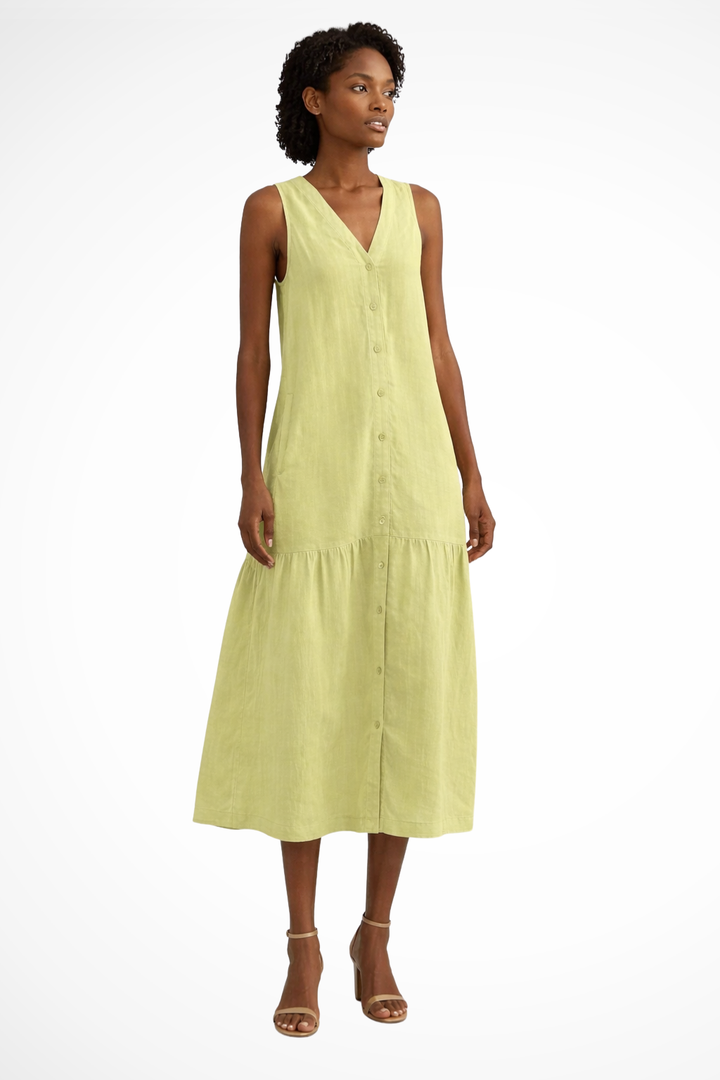 Women's Linen Maxi Dress | Elegant Sleeveless White Summer Dress with Button Front Design
