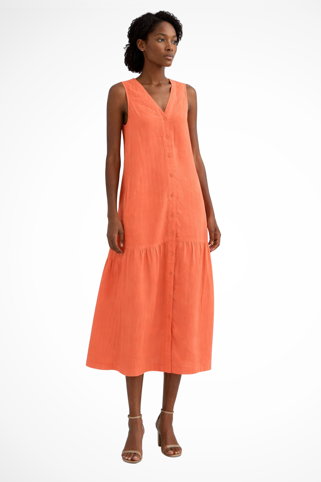 Women's Linen Maxi Dress | Elegant Sleeveless White Summer Dress with Button Front Design