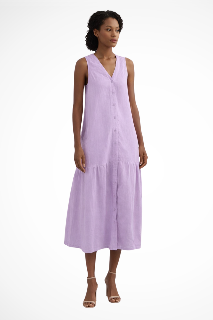 Women's Linen Maxi Dress | Elegant Sleeveless White Summer Dress with Button Front Design