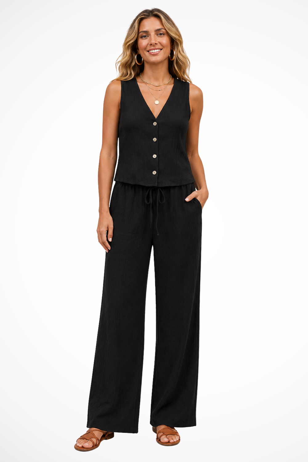 Women's Linen V Neck Waistcoat and Wide Leg Trousers Set for Casual and Semi-Formal Styling 1