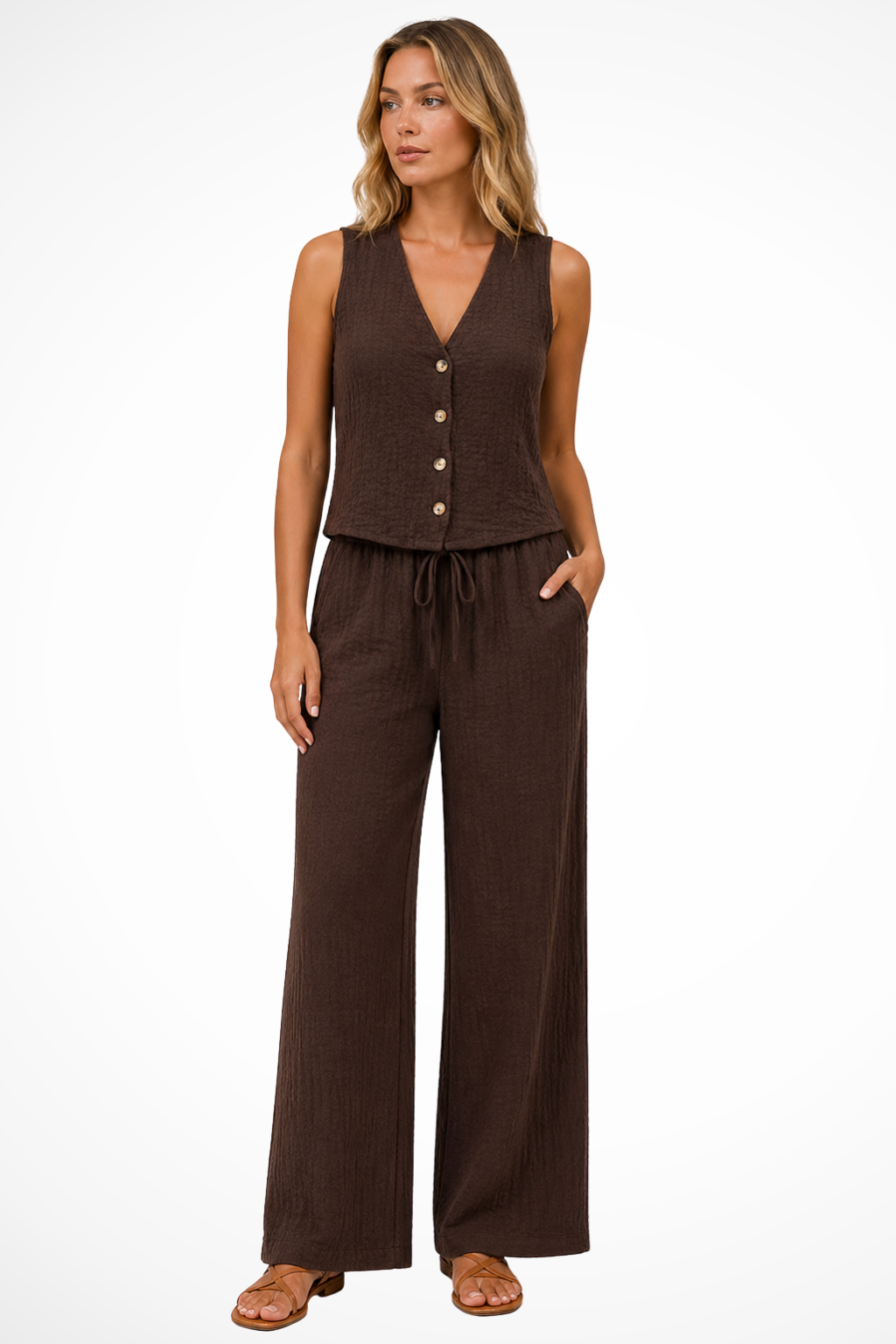 Women's Linen V Neck Waistcoat and Wide Leg Trousers Set for Casual and Semi-Formal Styling 2