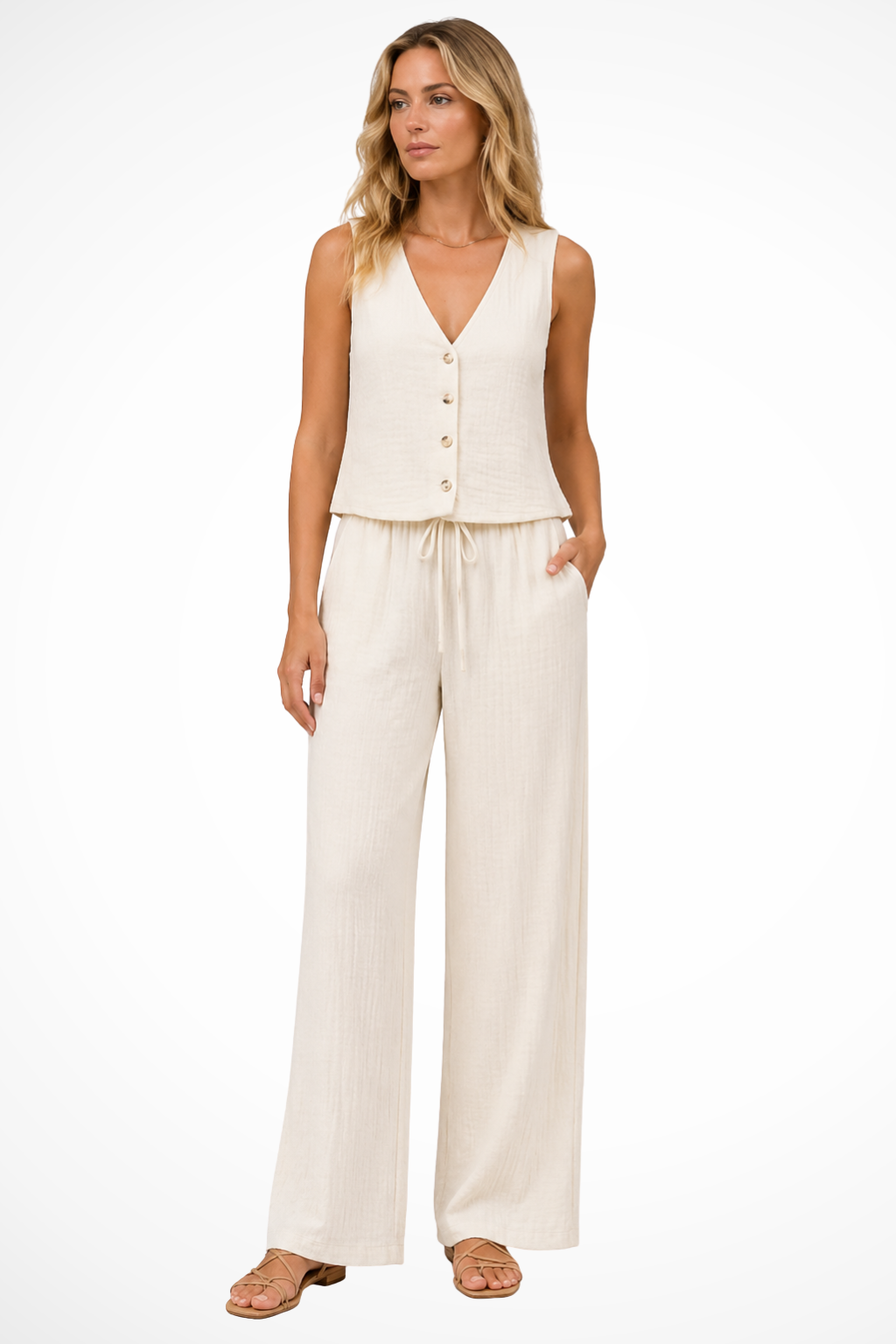 Women's Linen V Neck Waistcoat and Wide Leg Trousers Set for Casual and Semi-Formal Styling 3
