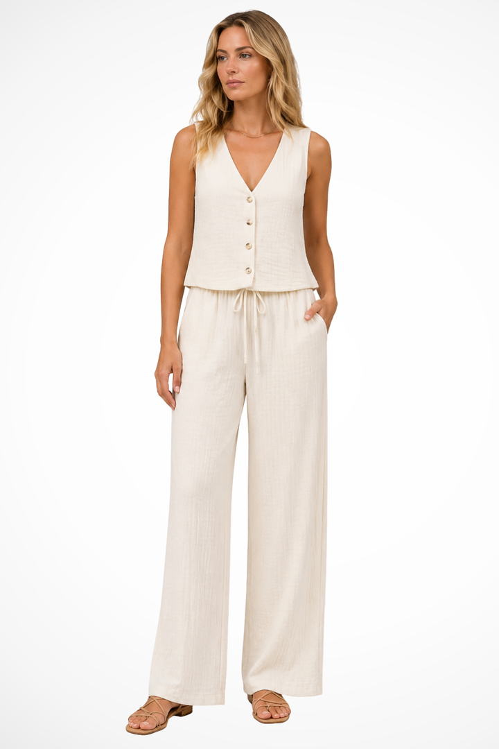 Women's Linen V Neck Waistcoat and Wide Leg Trousers Set for Casual and Semi-Formal Styling 3