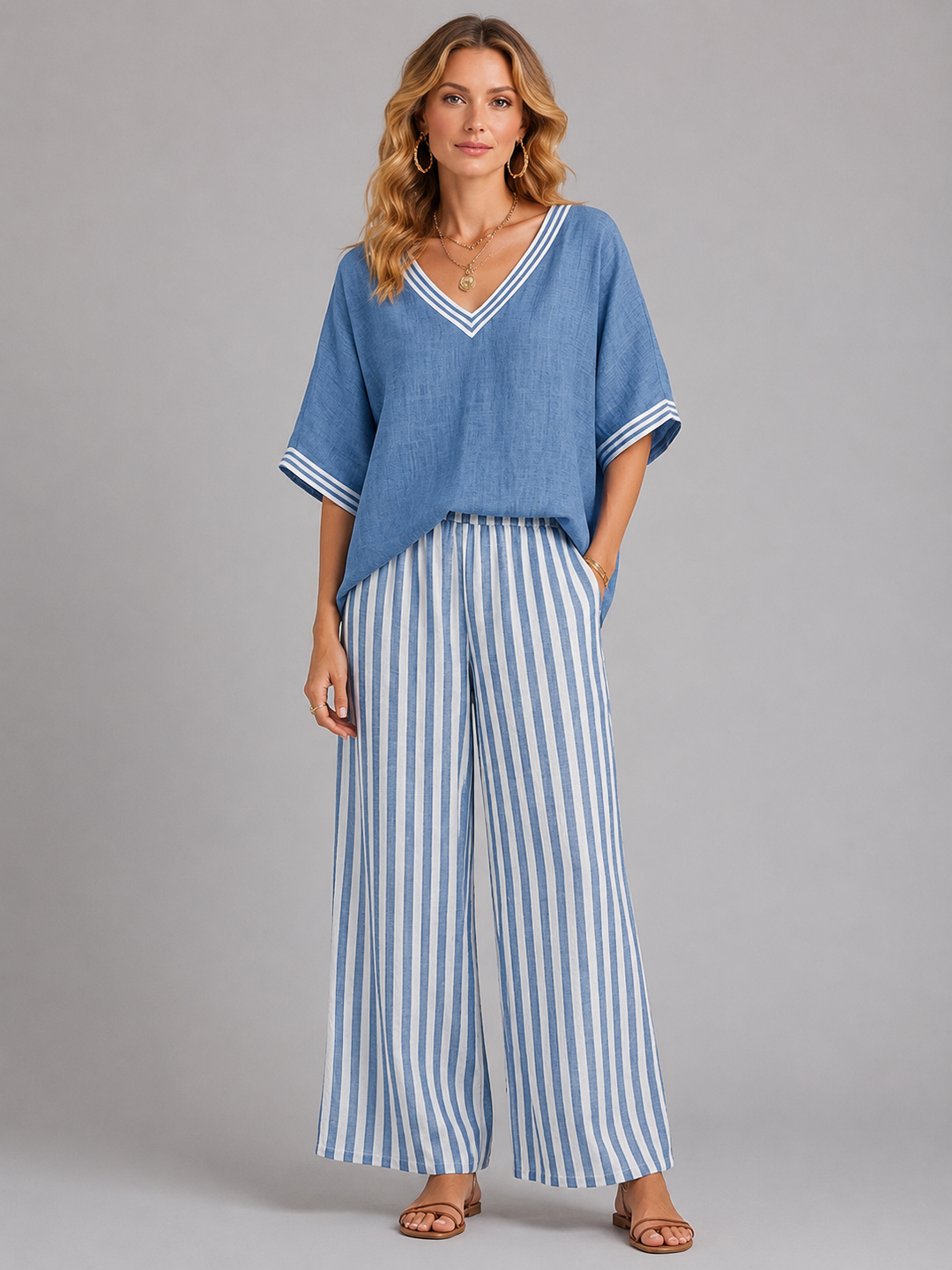 Women's Loungewear Set in Lightweight Linen-Look with Relaxed Fit for Summer Outings