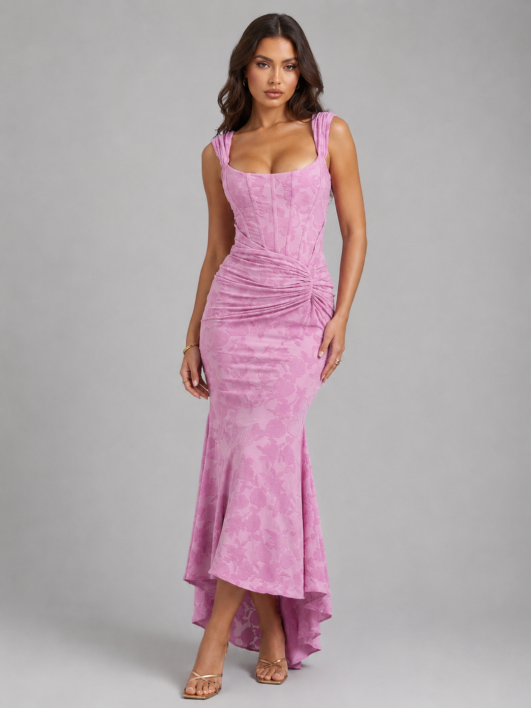 Women's Maxi Dress with Asymmetrical Hem and Floral Design for Formal Evening Events