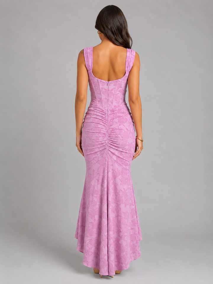 Women's Maxi Dress with Asymmetrical Hem and Floral Design for Formal Evening Events