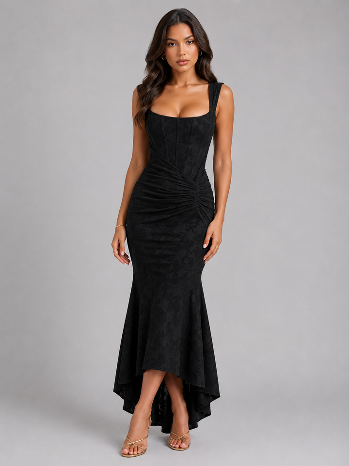 Women's Maxi Dress with Asymmetrical Hem and Floral Design for Formal Evening Events