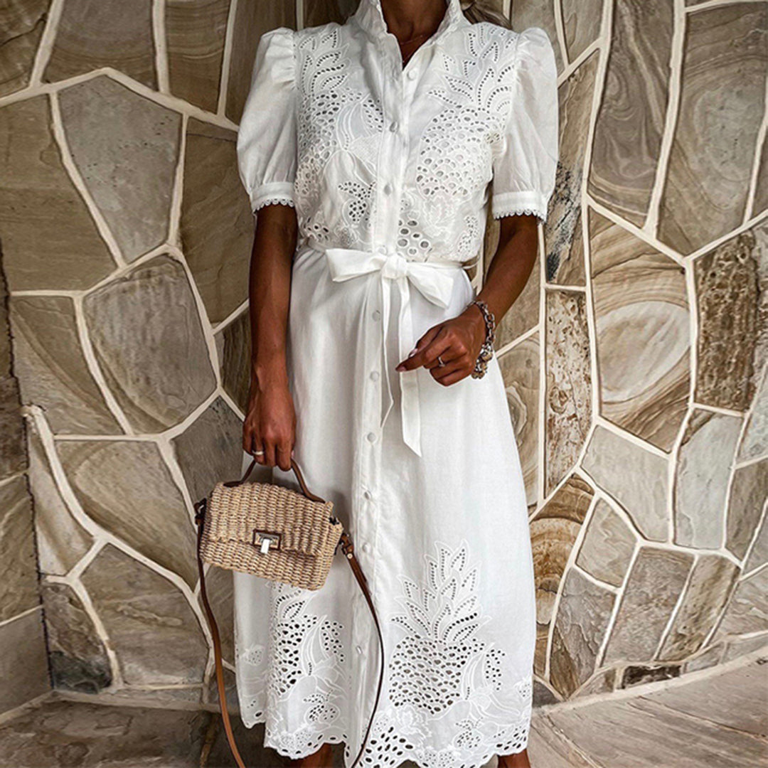 Women's Maxi Dress with Fluid Fit in Cotton-Linen Blend for Summer & Formal Occasions in White