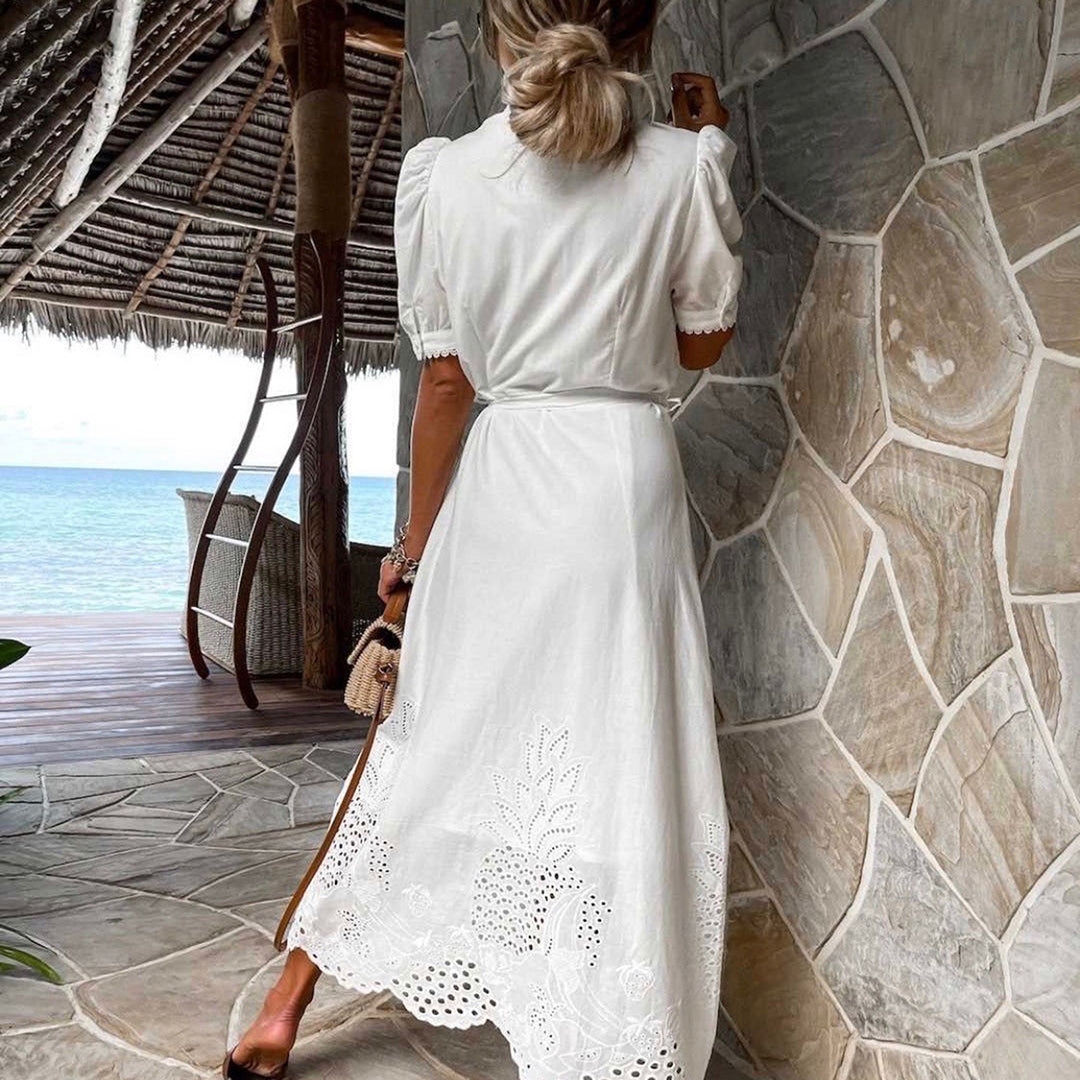Women's Maxi Dress with Fluid Fit in Cotton-Linen Blend for Summer & Formal Occasions in White