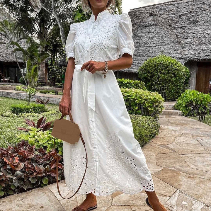 Women's Maxi Dress with Fluid Fit in Cotton-Linen Blend for Summer & Formal Occasions in White