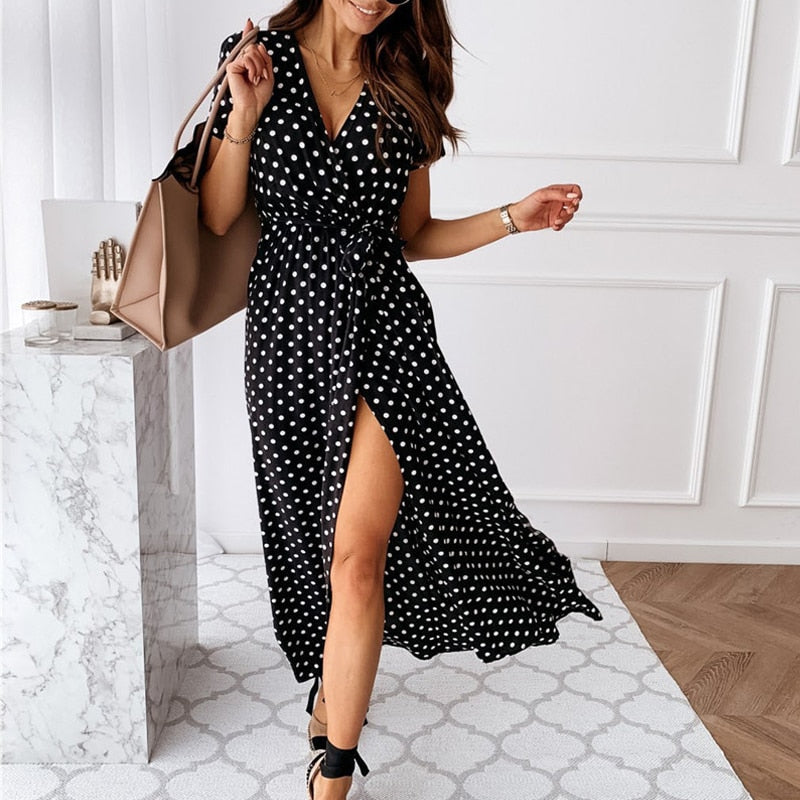 Women's Maxi Dress with Polka Dot Print in Lightweight Fabric for Summer Outings