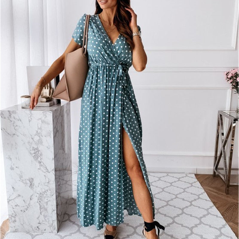 Women's Maxi Dress with Polka Dot Print in Lightweight Fabric for Summer Outings