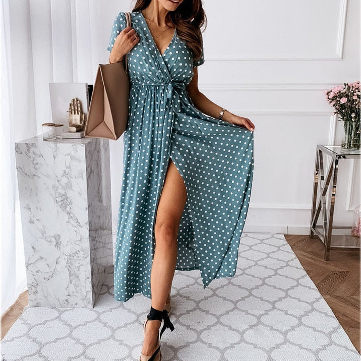 Women's Maxi Dress with Polka Dot Print in Lightweight Fabric for Summer Outings