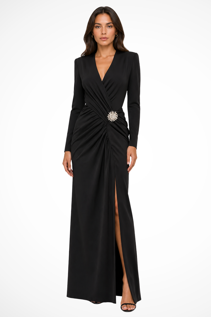Women's Maxi Dress with Ruched Cut Out Design and V-Neckline in Elegant White for Formal Events 0