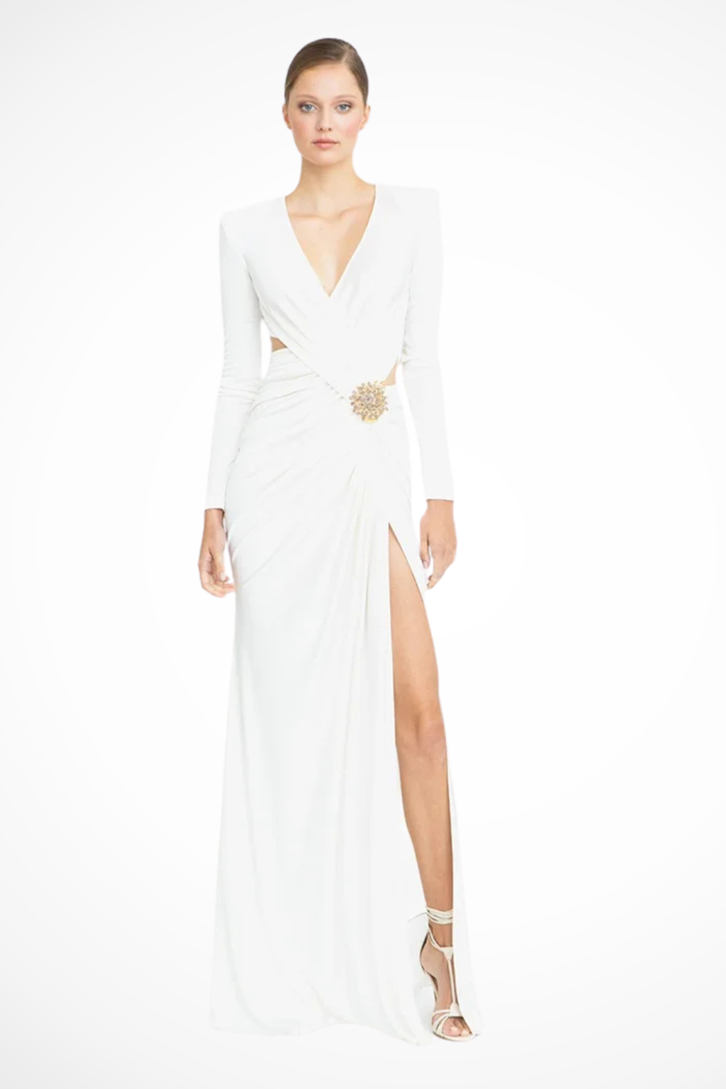Women's Maxi Dress with Ruched Cut Out Design and V-Neckline in Elegant White for Formal Events 1