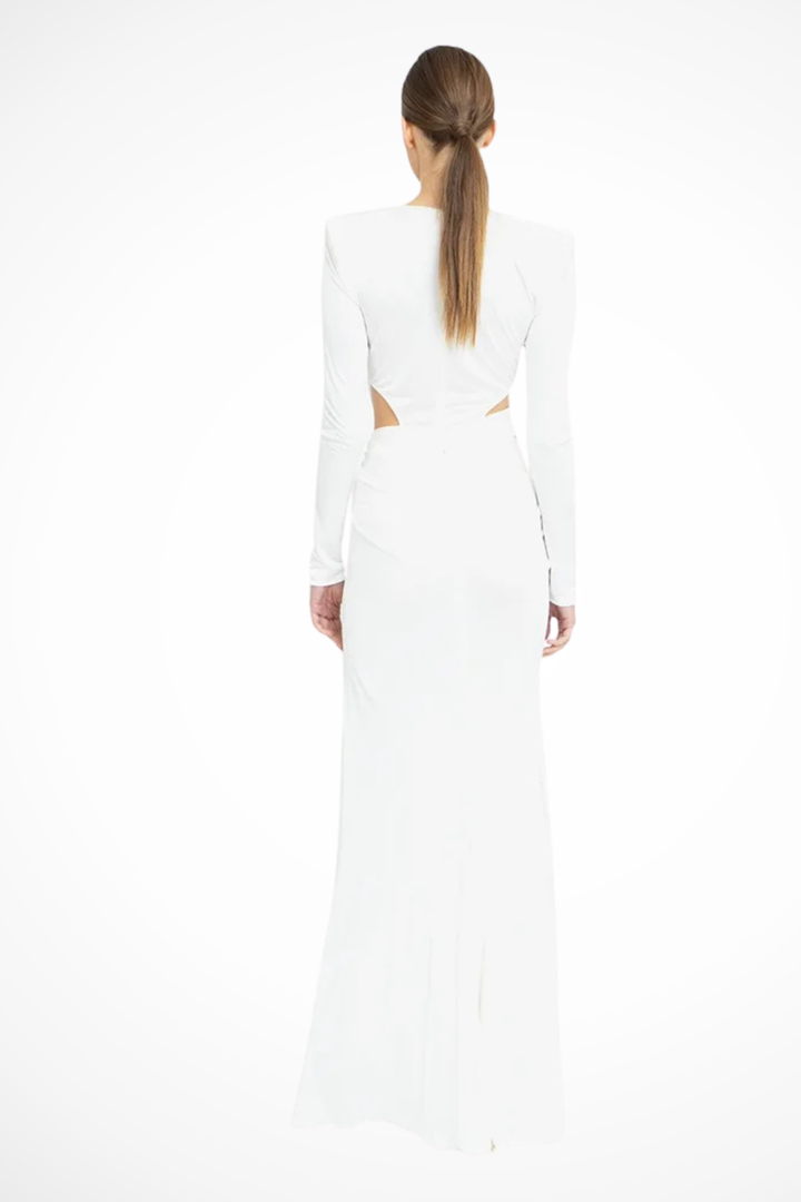 Women's Maxi Dress with Ruched Cut Out Design and V-Neckline in Elegant White for Formal Events 3