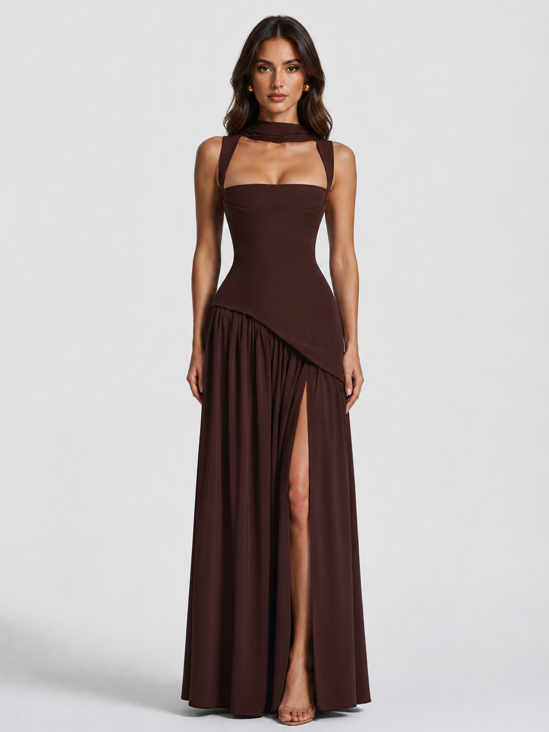 Women's Maxi Dress with Sculpted Bodice and Asymmetric Skirt for Formal Evening Events