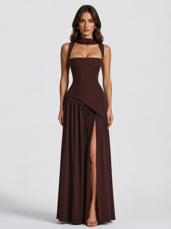 Women's Maxi Dress with Sculpted Bodice and Asymmetric Skirt for Formal Evening Events