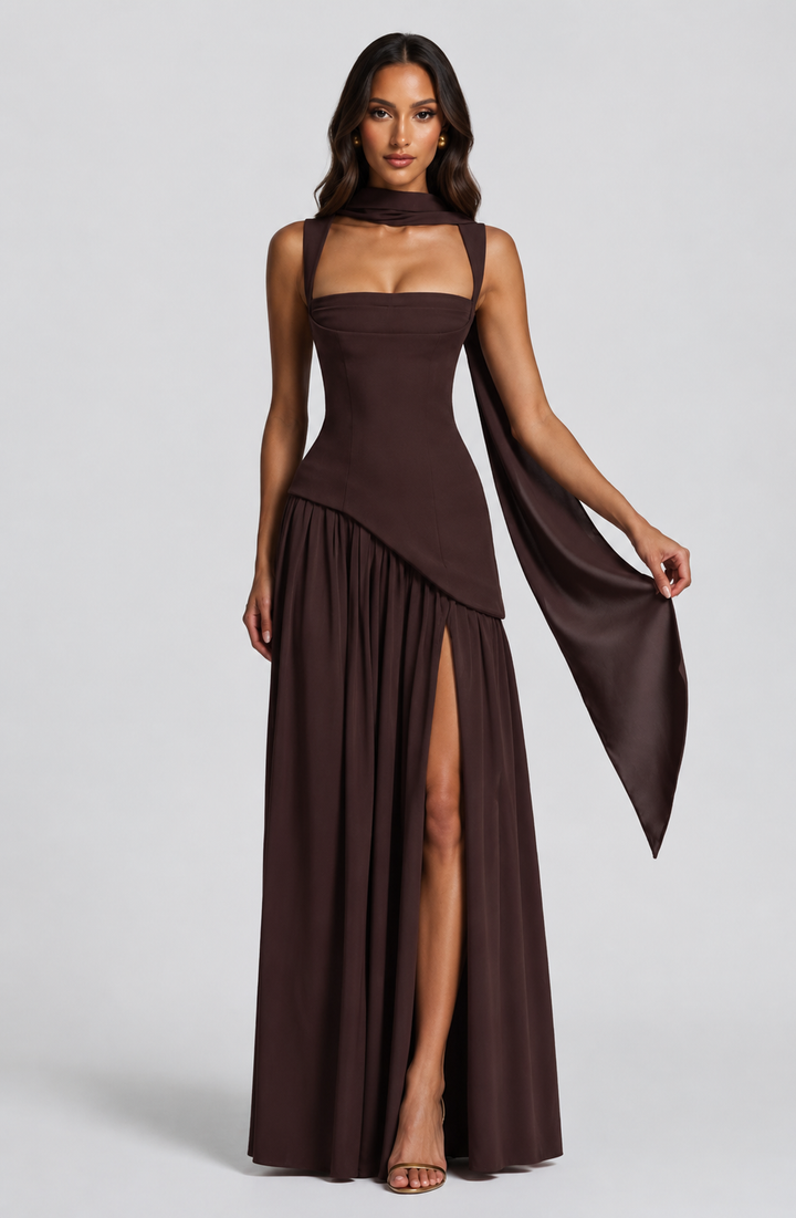 Women's Maxi Dress with Sculpted Bodice and Asymmetric Skirt for Formal Evening Events