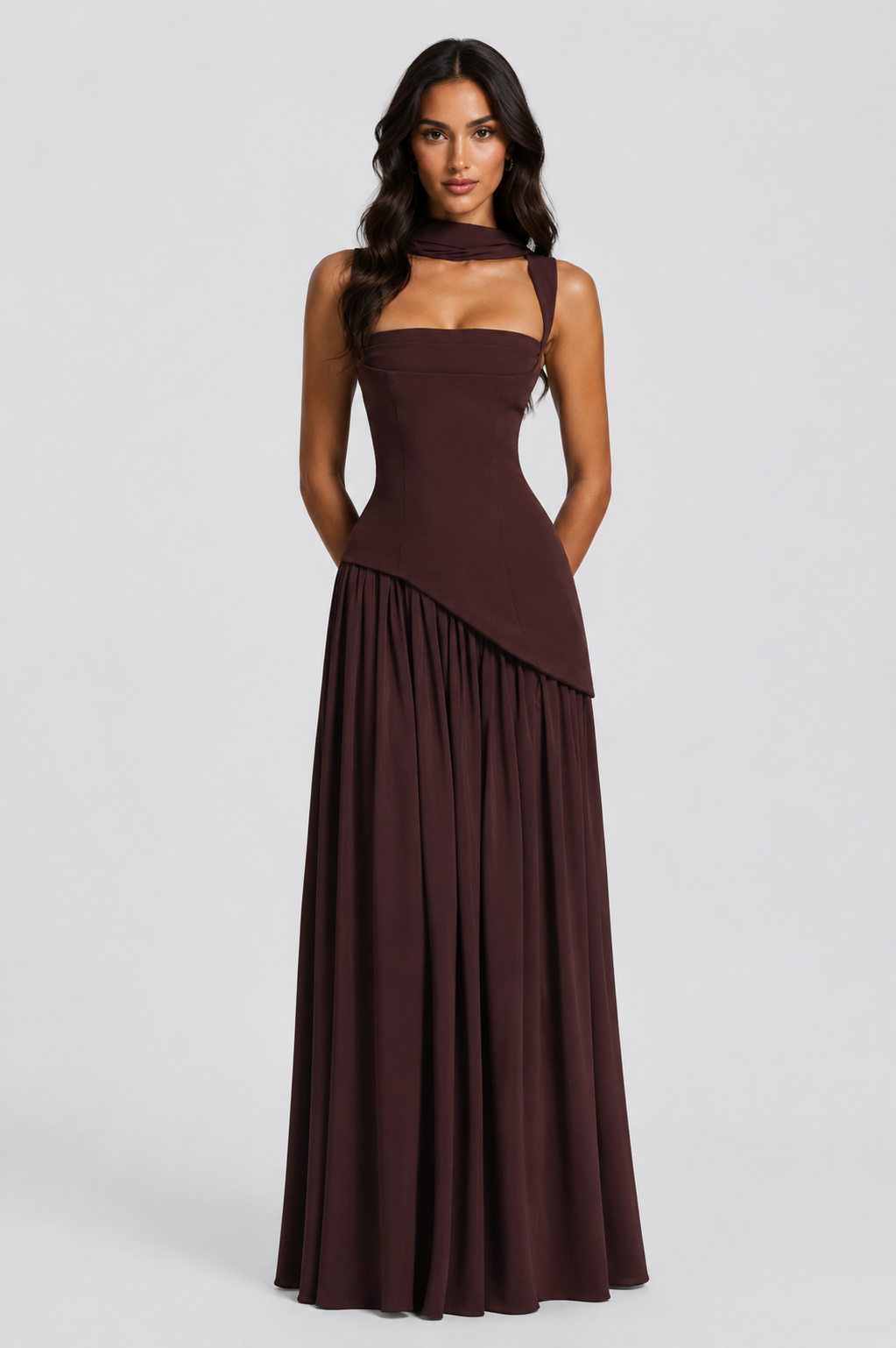 Women's Maxi Dress with Sculpted Bodice and Asymmetric Skirt for Formal Evening Events