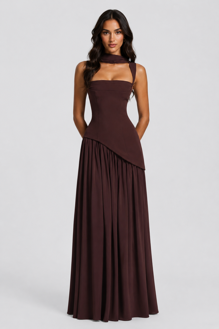 Women's Maxi Dress with Sculpted Bodice and Asymmetric Skirt for Formal Evening Events