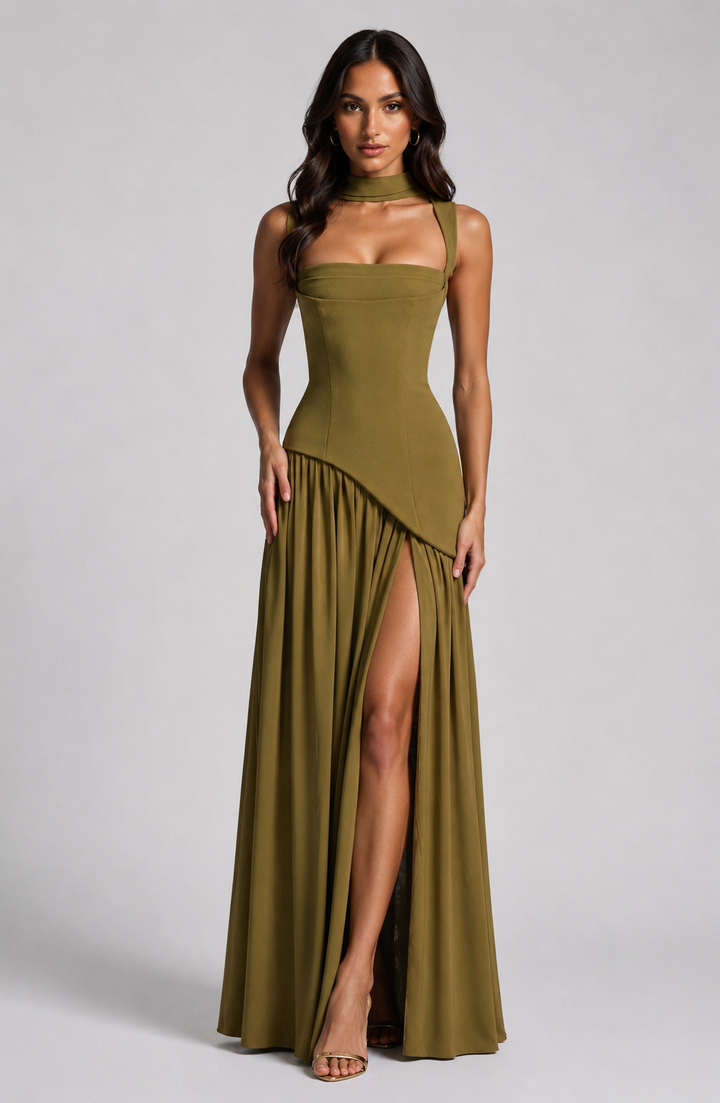 Women's Maxi Dress with Sculpted Bodice and Asymmetric Skirt for Formal Evening Events