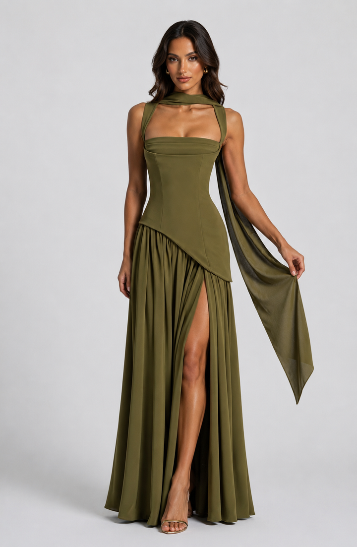 Women's Maxi Dress with Sculpted Bodice and Asymmetric Skirt for Formal Evening Events