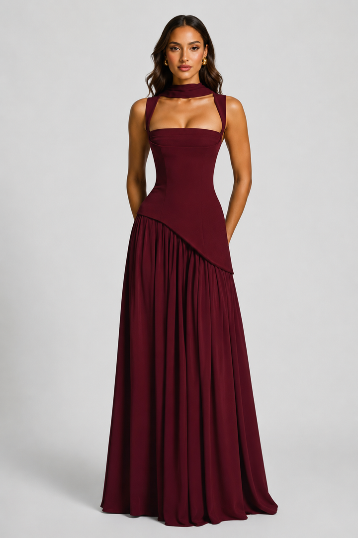 Women's Maxi Dress with Sculpted Bodice and Asymmetric Skirt for Formal Evening Events