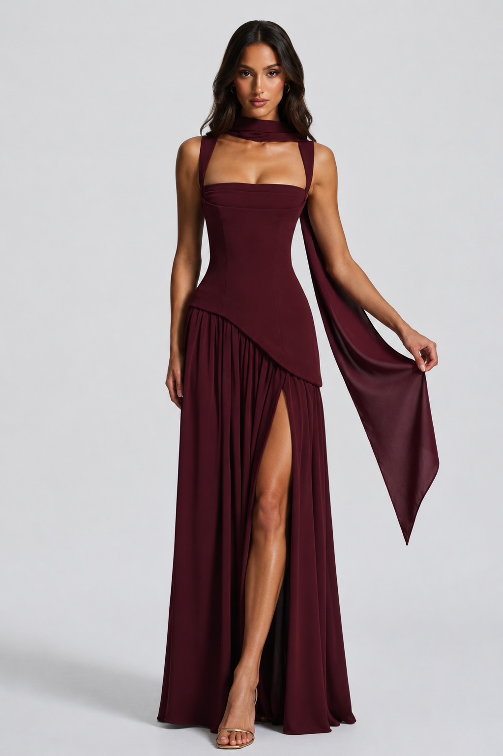 Women's Maxi Dress with Sculpted Bodice and Asymmetric Skirt for Formal Evening Events