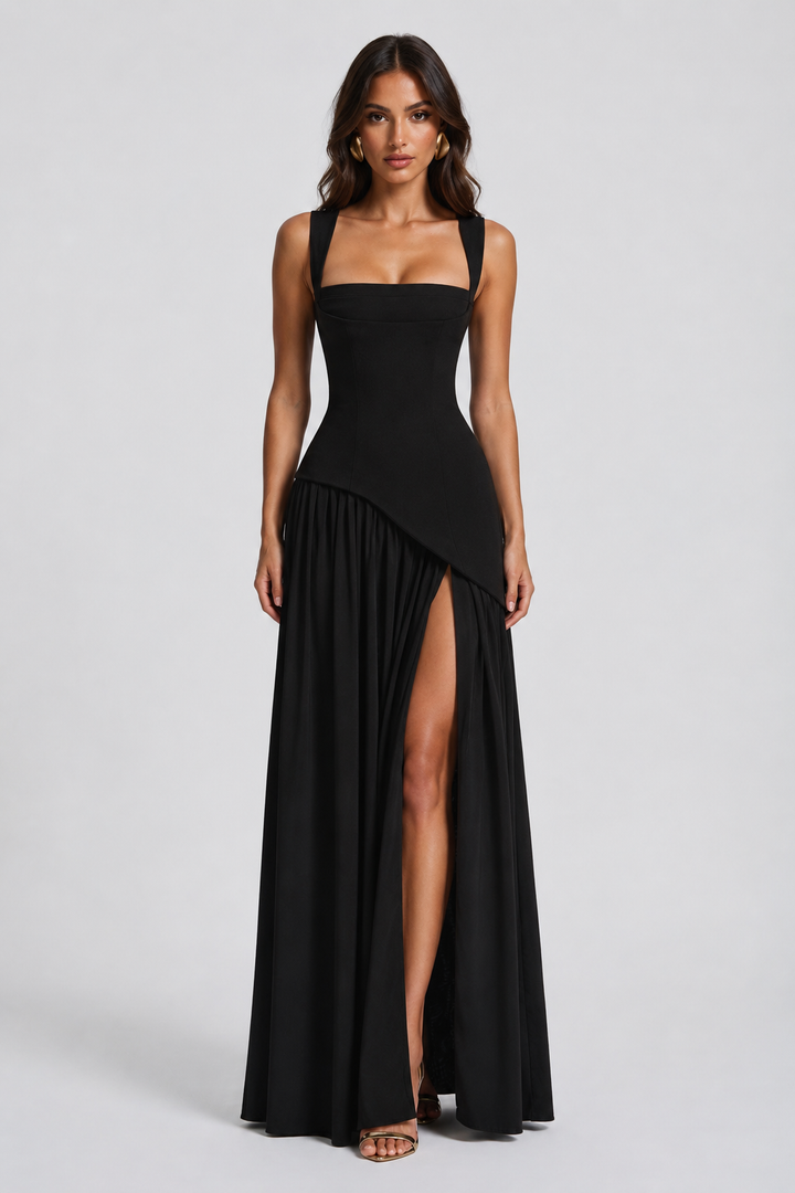 Women's Maxi Dress with Sculpted Bodice and Asymmetric Skirt for Formal Evening Events