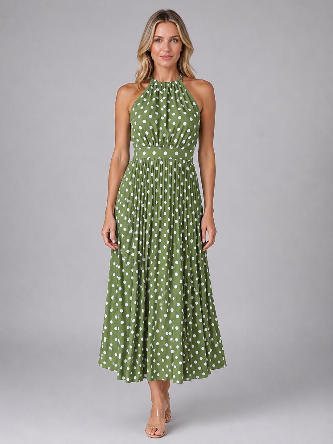 Women's Midi Dress with Halter Neckline in Polka Dot for Summer Outings