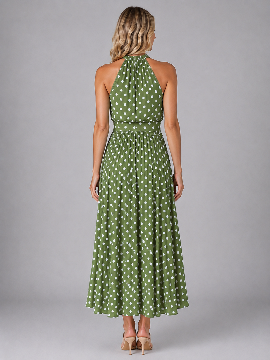 Women's Midi Dress with Halter Neckline in Polka Dot for Summer Outings