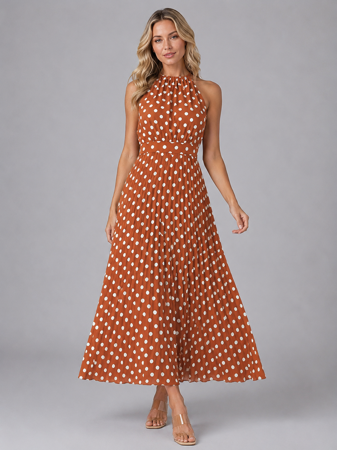 Women's Midi Dress with Halter Neckline in Polka Dot for Summer Outings