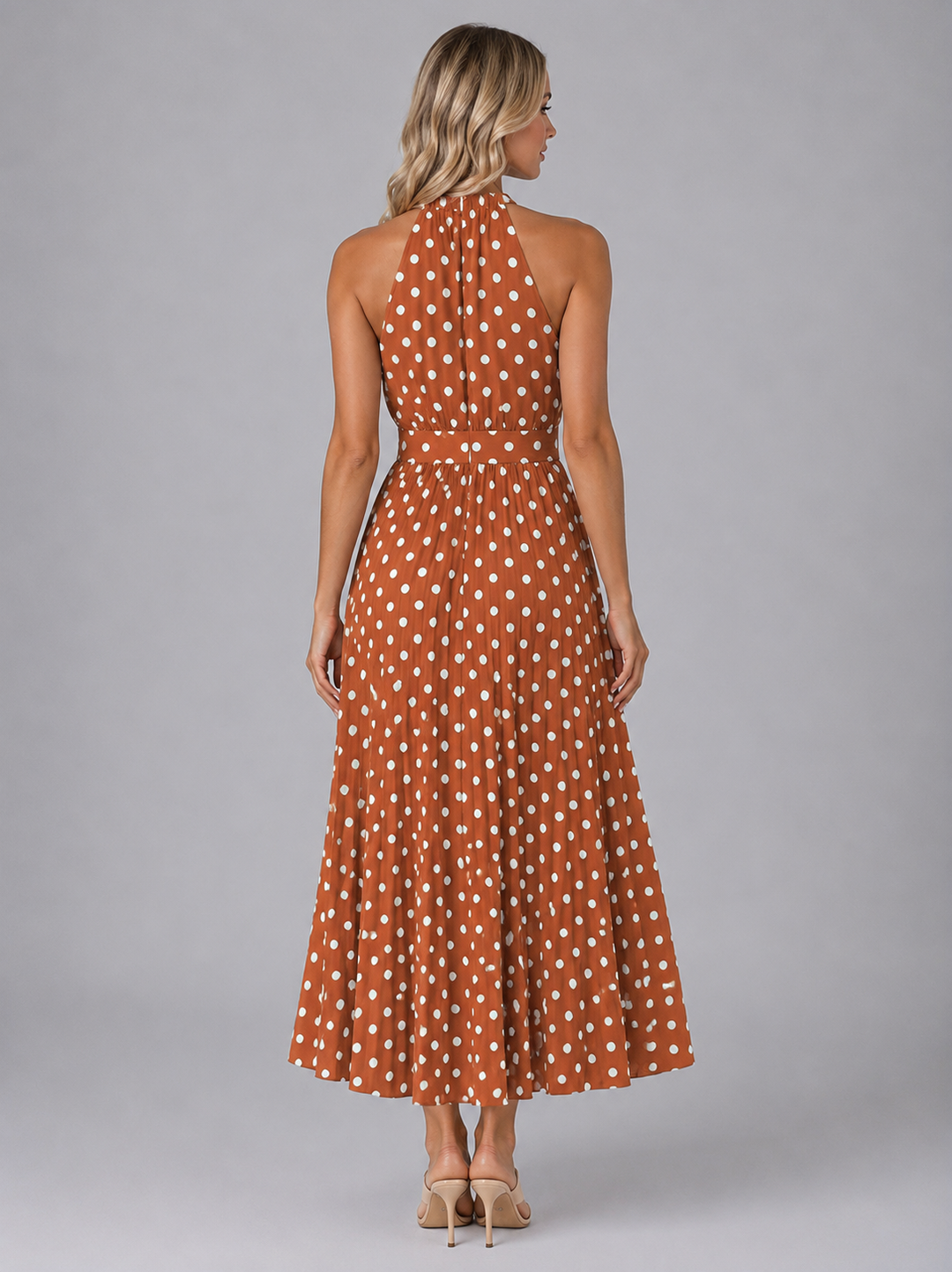 Women's Midi Dress with Halter Neckline in Polka Dot for Summer Outings
