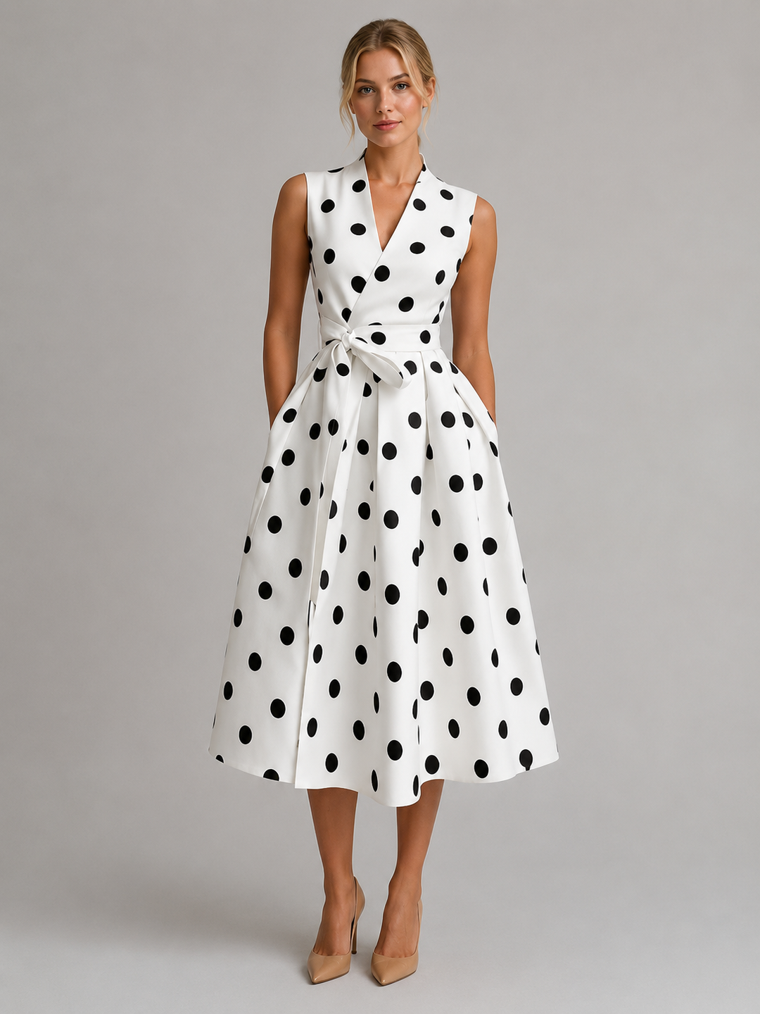 Women's Midi Dress with Sleeveless V-Neck and Polka Dot Print for Summer Events