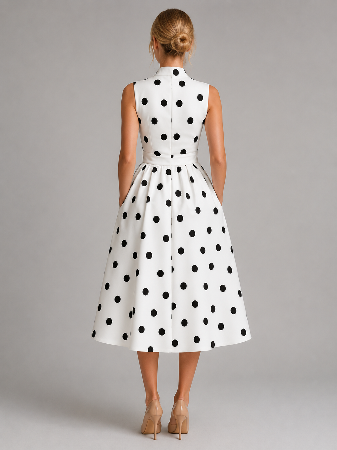 Women's Midi Dress with Sleeveless V-Neck and Polka Dot Print for Summer Events
