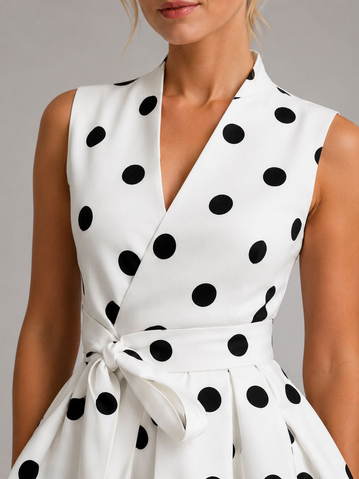 Women's Midi Dress with Sleeveless V-Neck and Polka Dot Print for Summer Events