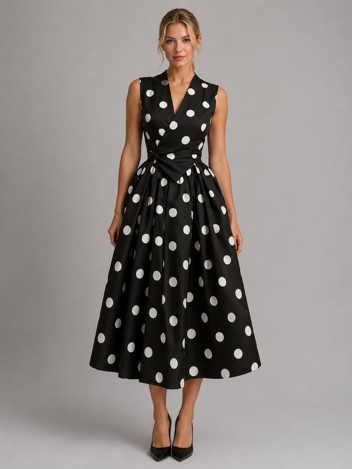 Women's Midi Dress with Sleeveless V-Neck and Polka Dot Print for Summer Events