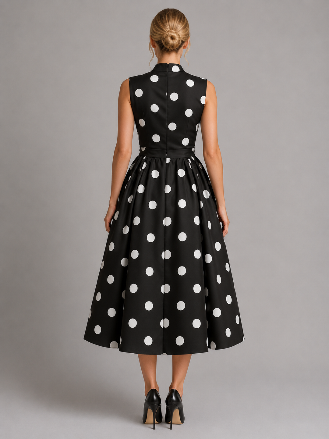 Women's Midi Dress with Sleeveless V-Neck and Polka Dot Print for Summer Events