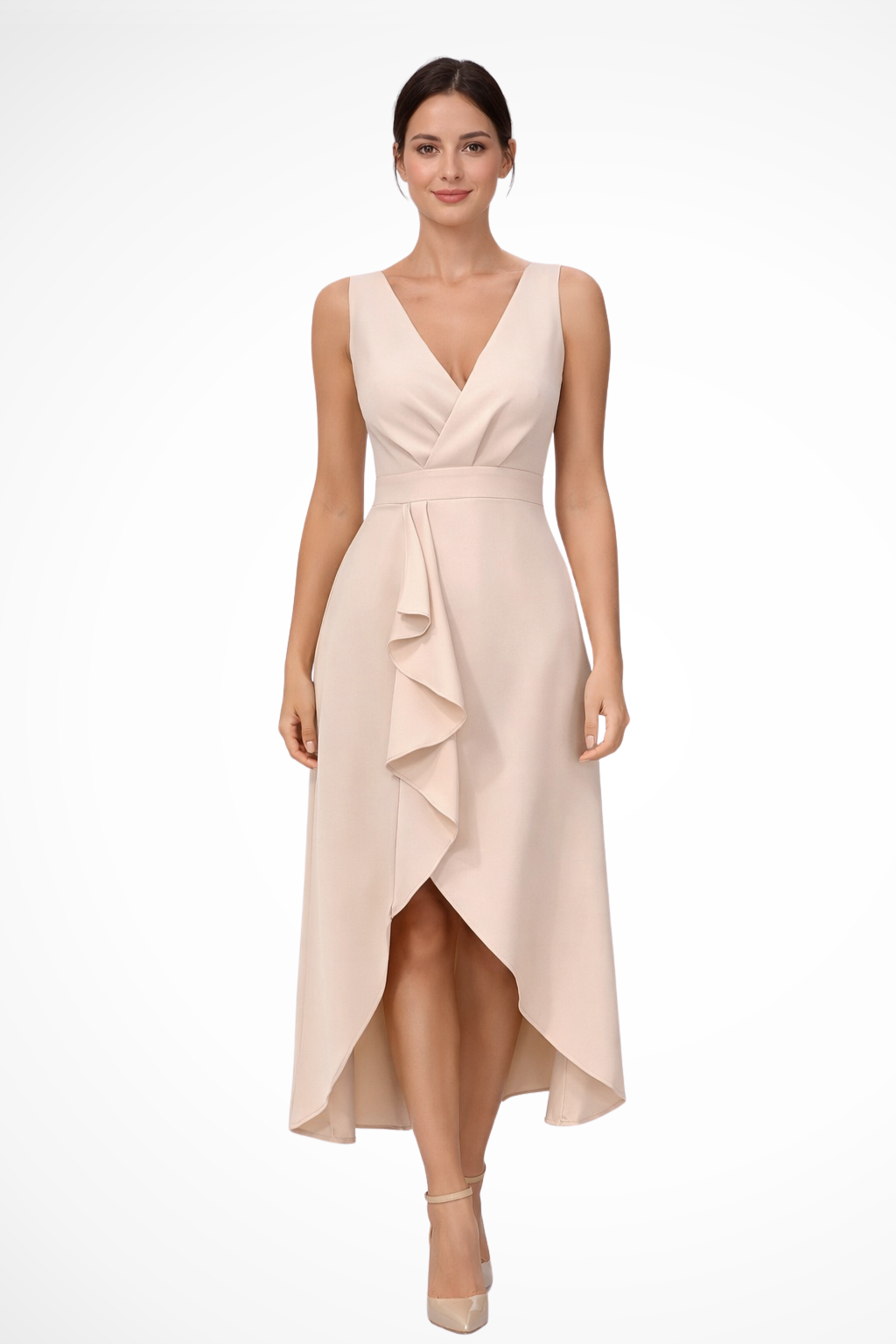 Women's Midi Dress with Wrap Bodice and Asymmetric Hem for Weddings and Formal Events 1