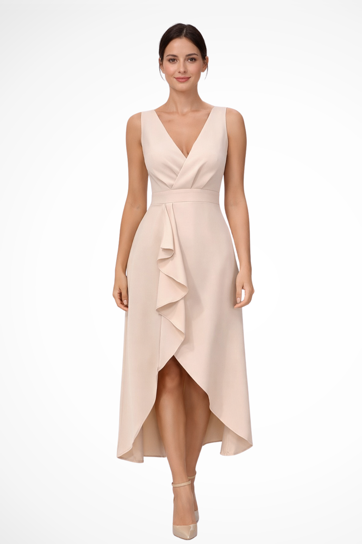 Women's Midi Dress with Wrap Bodice and Asymmetric Hem for Weddings and Formal Events 1