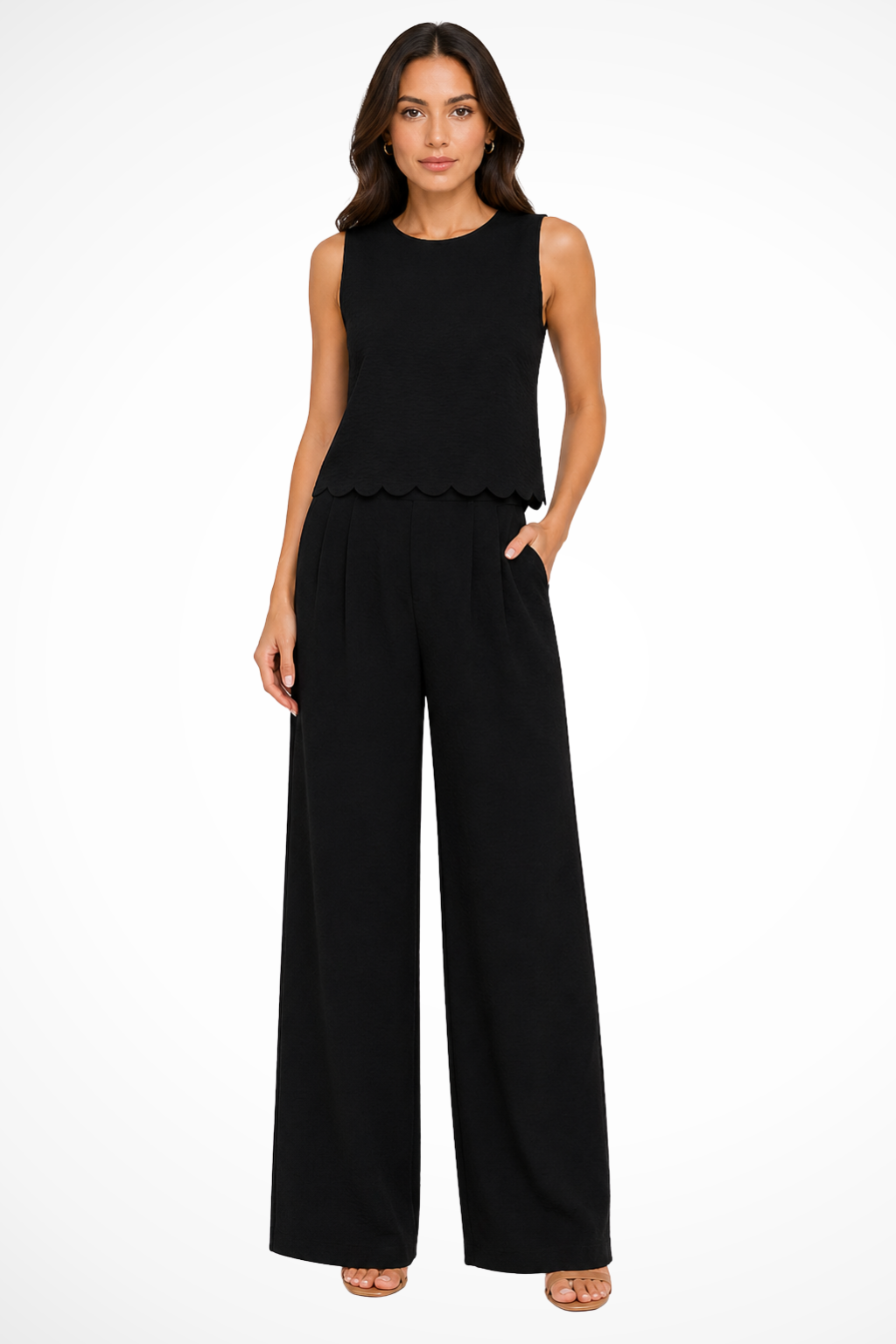 Women's Outfit Sleeveless Scallop Hem Top with Tie Back and Wide Leg Trousers Set in Textured Fabric for Casual and Semi-Formal Events 0