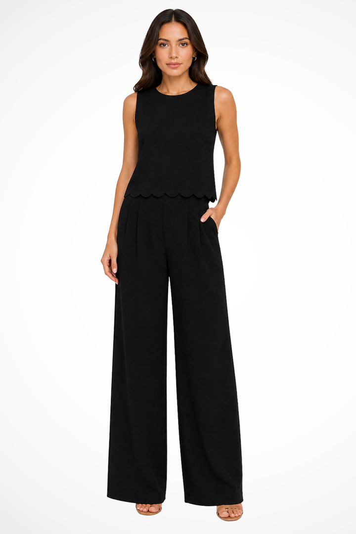Women's Outfit Sleeveless Scallop Hem Top with Tie Back and Wide Leg Trousers Set in Textured Fabric for Casual and Semi-Formal Events 0