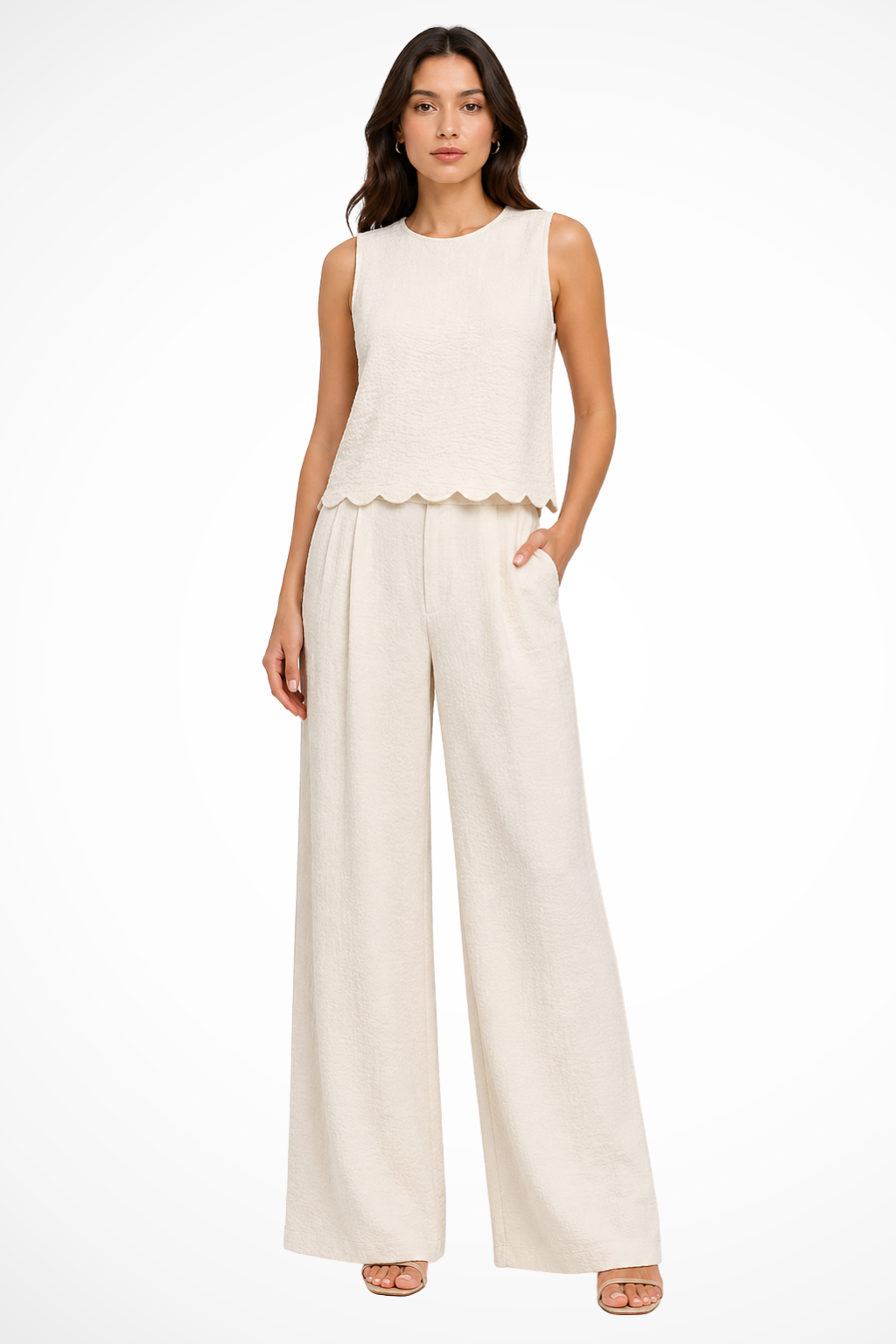 Women's Outfit Sleeveless Scallop Hem Top with Tie Back and Wide Leg Trousers Set in Textured Fabric for Casual and Semi-Formal Events 1