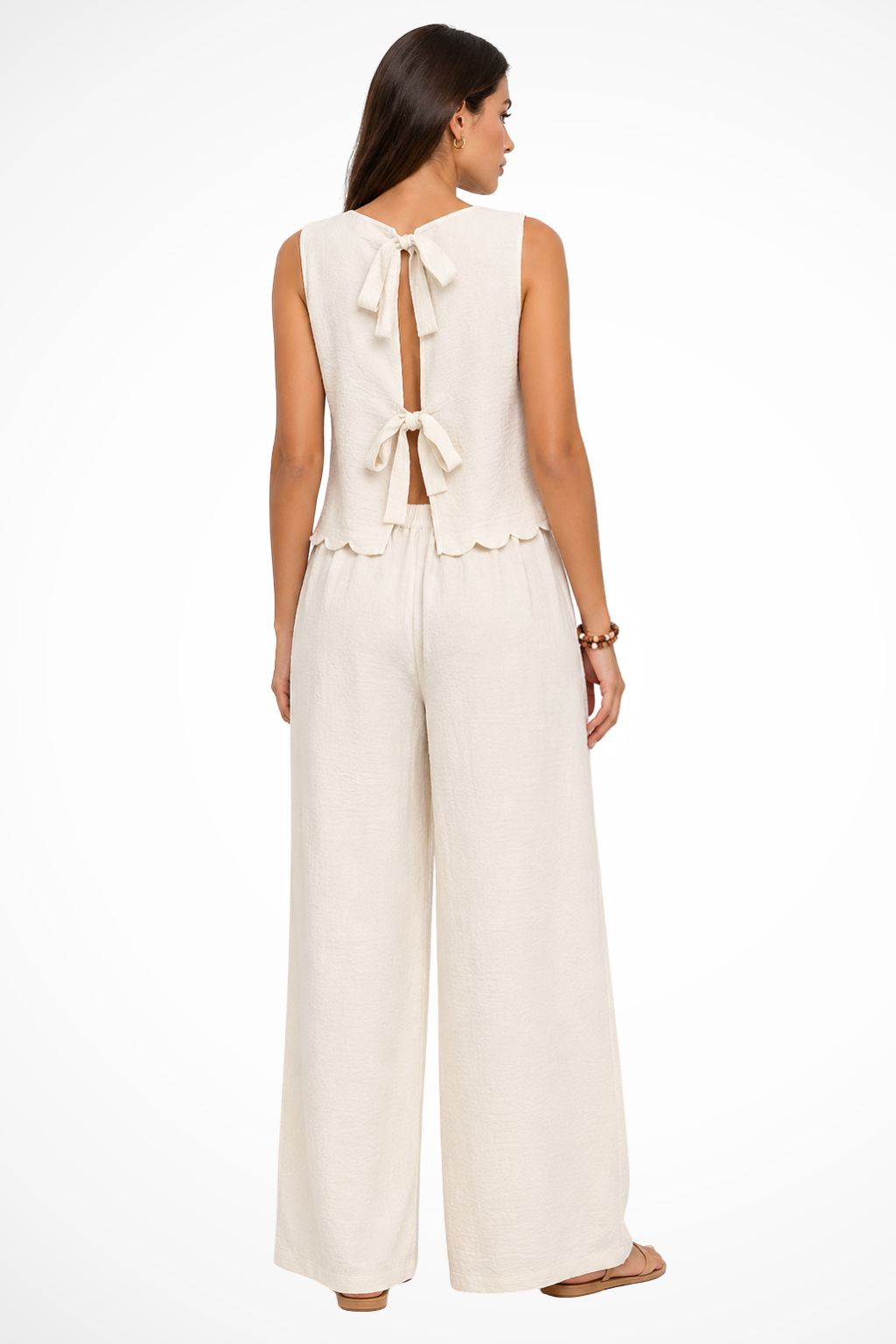 Women's Outfit Sleeveless Scallop Hem Top with Tie Back and Wide Leg Trousers Set in Textured Fabric for Casual and Semi-Formal Events 2