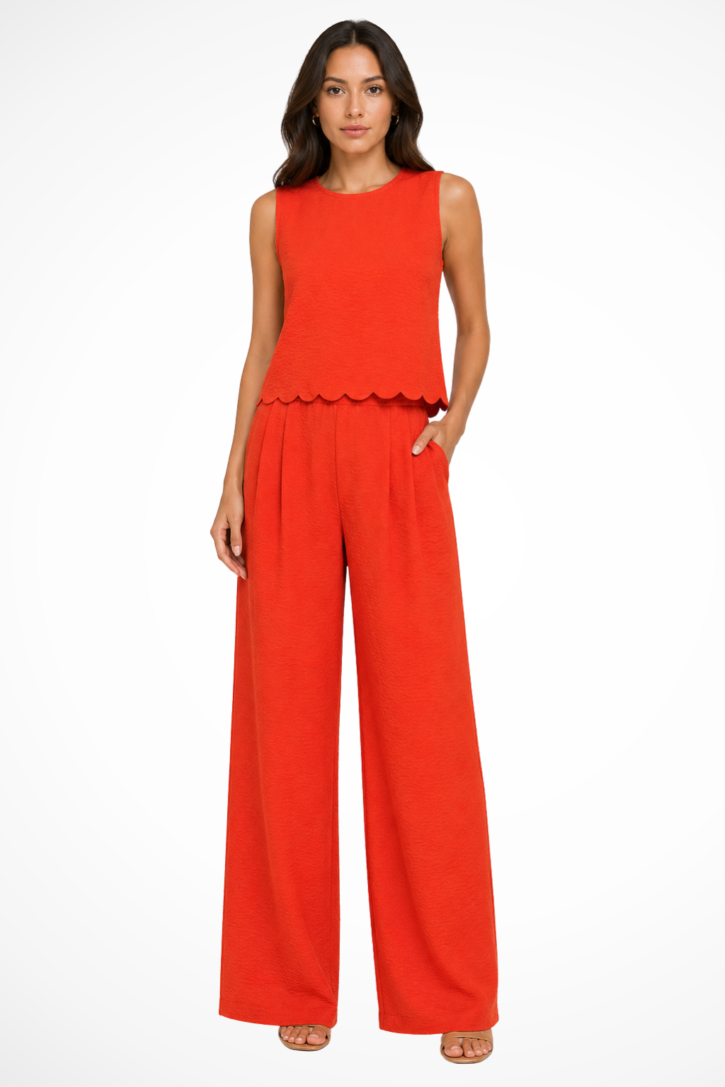 Women's Outfit Sleeveless Scallop Hem Top with Tie Back and Wide Leg Trousers Set in Textured Fabric for Casual and Semi-Formal Events 4