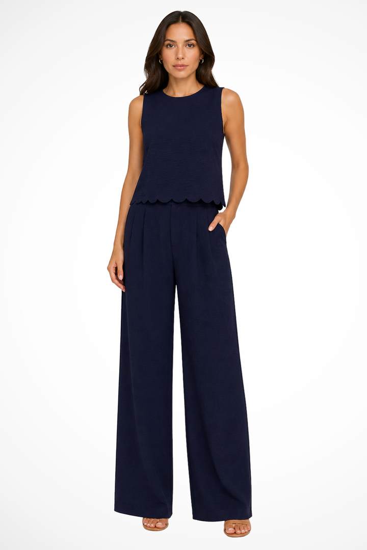 Women's Outfit Sleeveless Scallop Hem Top with Tie Back and Wide Leg Trousers Set in Textured Fabric for Casual and Semi-Formal Events 5