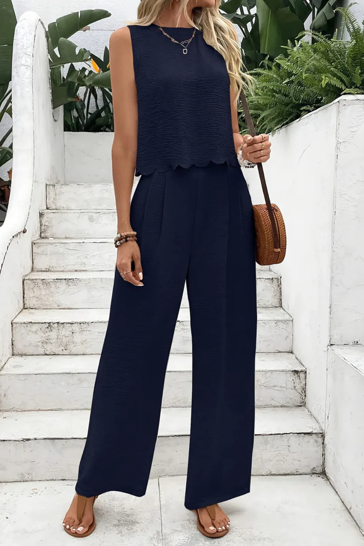 Women's Outfit Sleeveless Scallop Hem Top with Tie Back and Wide Leg Trousers Set in Textured Fabric for Casual and Semi-Formal Events 6