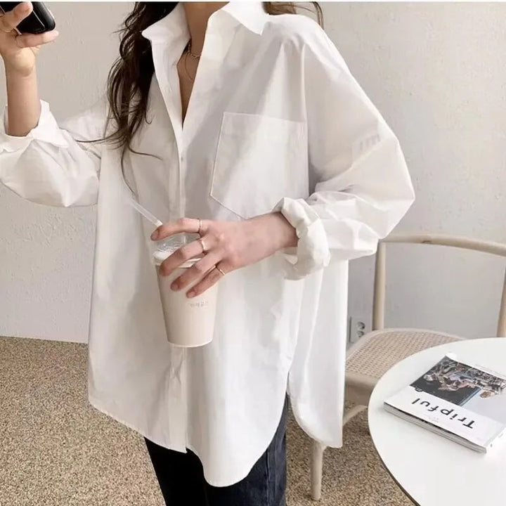 Women's Oversized Button Down Blouse with Structured Collar for Everyday Wear 3